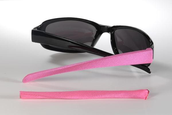large hot pink Templesox eyewear sleeve temple arm covers.
