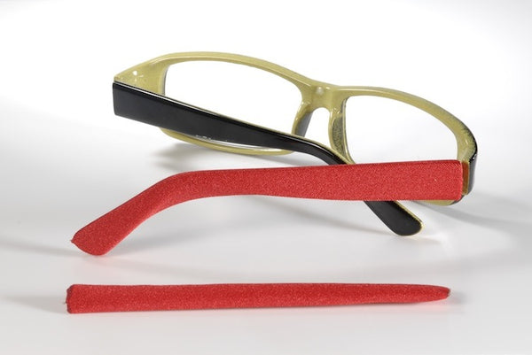 large red Templesox eyewear sleeve temple arm covers.