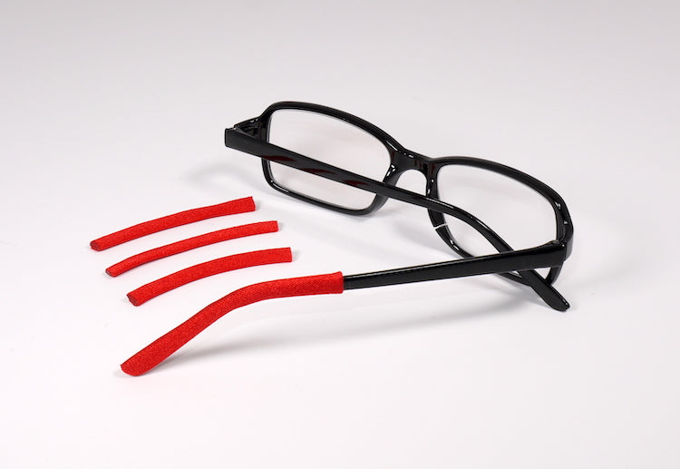 Red Soft Tip temple covers By Templesox for eyeglasses or sunglasses.