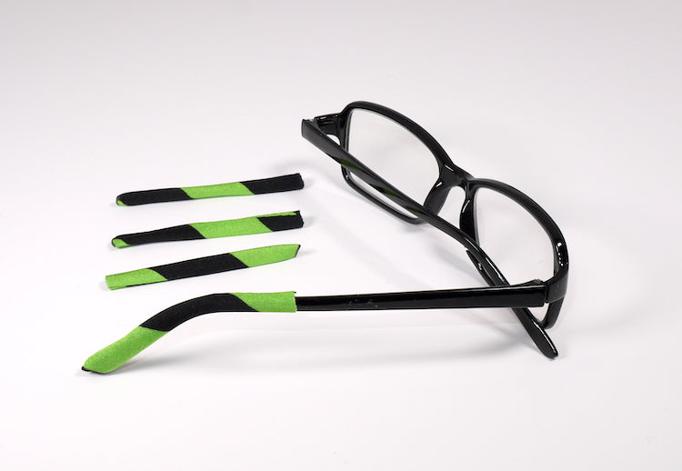Green and Black Stripe Soft Tip temple covers By Templesox for eyeglasses or sunglasses.