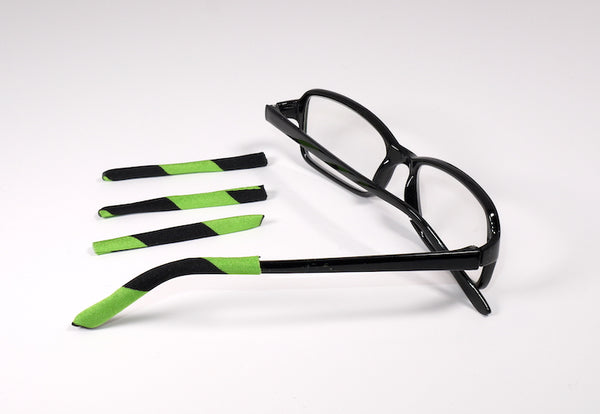 Green and Black Stripe Soft Tip temple covers By Templesox for eyeglasses or sunglasses.