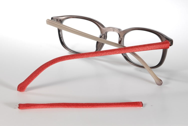 small red Templesox eyewear sleeve temple arm covers.