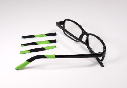 Green and Black Stripe Soft Tip temple covers By Templesox for eyeglasses or sunglasses.